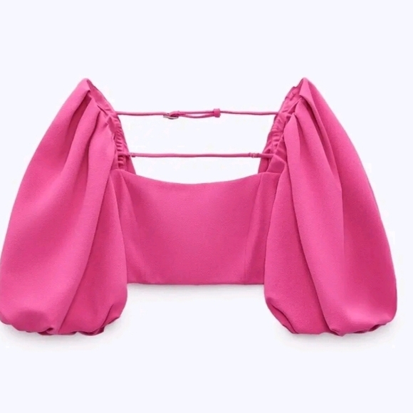 ZARA CROP TOP WITH PUFF DETAIL HOT BRIGHT PINK CERISE FUCHSIA size M - Picture 6 of 6